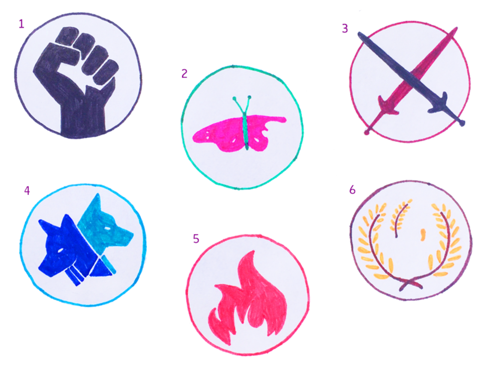 1. a fist, 2. a butterfly with a broken wing, 3. two crossed swords, 4. two wolves back to back, 5. a flame, 6. wheat ears