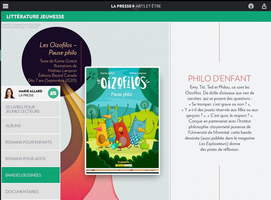 The comic book Les Oizofilos featured among the selection of La Presse